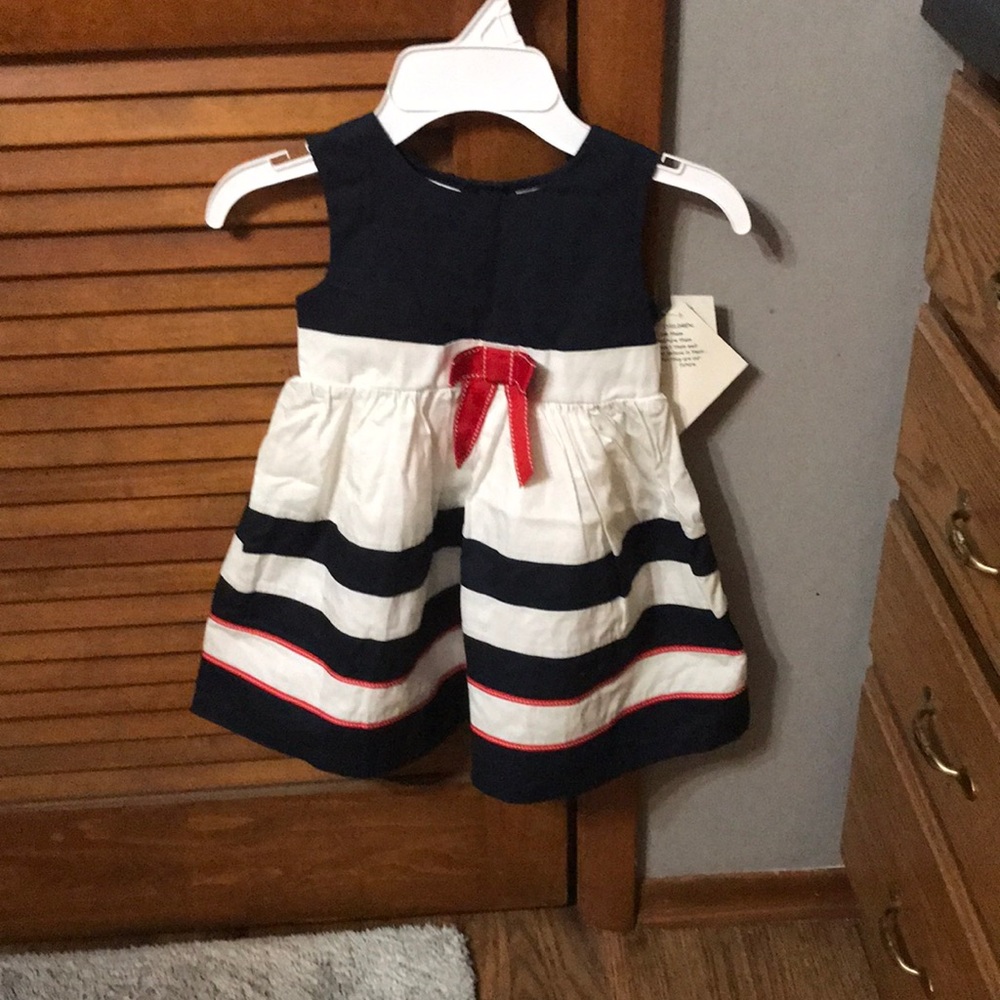 Blue with white striped dress.